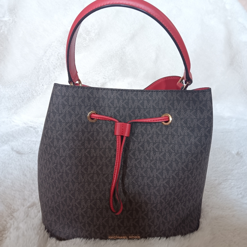 Michael Kors MK Bucket Bag Brown Monogram Red Trim Crossbody
